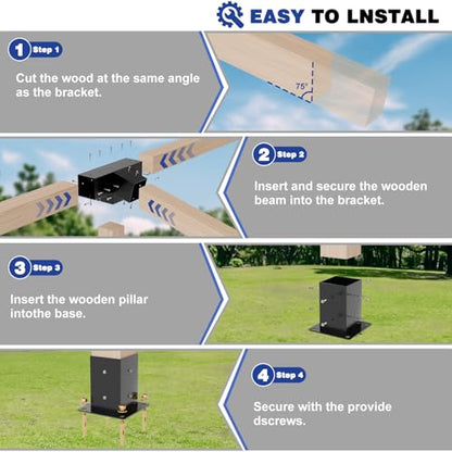 Pergola Kit, Slanted Roof Pergola Bracket, 4-Way Brackets with Post Base Kit, Log Cabin Outdoor 4"x 4" (Actual 3.5" X 3.5") Lumber - color: 1PC 15°4-Way+1PC 75°4-Way+2PC Post Base