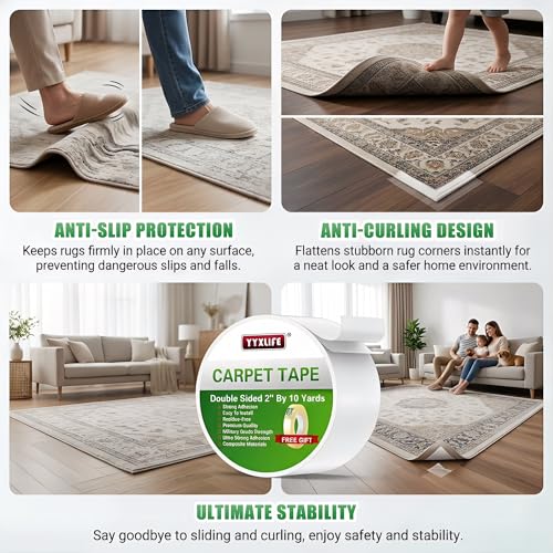 YYXLIFE Double Sided Carpet Tape for Area Rugs & Hardwood Floors, 2" x10YD - size: 2Inch x 10 Yards