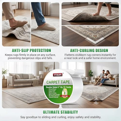 YYXLIFE Double Sided Carpet Tape for Area Rugs & Hardwood Floors, 2" x10YD - size: 2Inch x 10 Yards