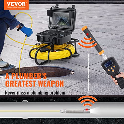 VEVOR Sewer Inspection Camera, 300 ft/91.5 m, 9" Pipeline Camera w/DVR & 512Hz Locator, IP68 Waterproof, 12 LEDs, 16 GB SD Card for Sewer, Drain & Duct Pipe Plumbing - size: 300ft/91.5m, style: 9" Screen with 512Hz Locator