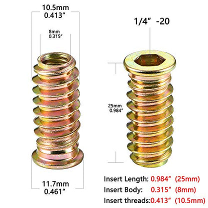 80Pcs 1/4"-20x25mm Hex Nut Inserts Wood Threaded Fastener for Furniture - color: 80 Pcs 1/4"-20 x 25mm