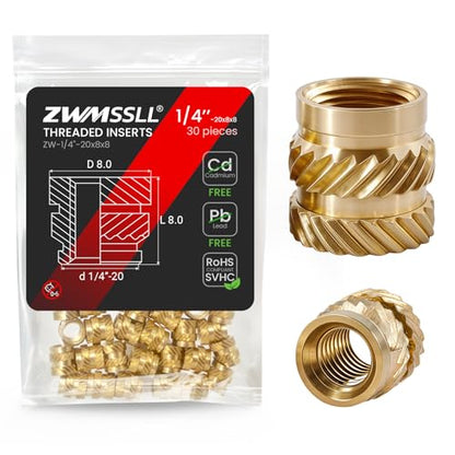 1/4"-20 Heat Set Threaded Inserts,30 Pieces 1/4"-20x8x8 Heat Set Insert for 3D Printing Components and Plastic Parts,Brass Knurled Nuts - size: 1/4"-20x8x8