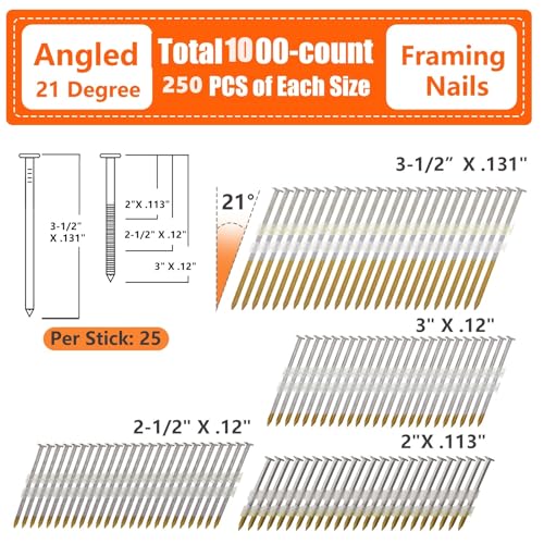 HDG 21 Degree Framing Nails 4 Assorted Sizes 1000 PCS - size: 4 Assorted Sizes-1000 PCS