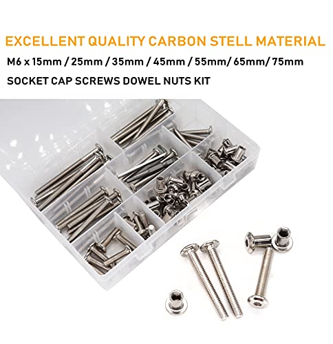 100pcs M6x15mm/ 25mm/ 35mm/ 45mm/ 55mm/ 65mm/ 75mm Rivet Countersunk Hex Socket Cap Bolts and Barrel Nuts Assortment Kit, Furniture Connector Bolts and Barrel Nuts Set, Nickel Plated - size: M6