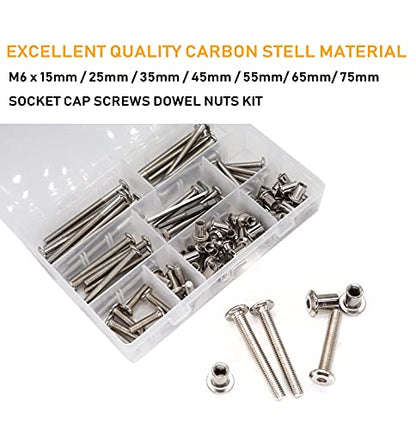 100pcs M6x15mm/ 25mm/ 35mm/ 45mm/ 55mm/ 65mm/ 75mm Rivet Countersunk Hex Socket Cap Bolts and Barrel Nuts Assortment Kit, Furniture Connector Bolts and Barrel Nuts Set, Nickel Plated - size: M6