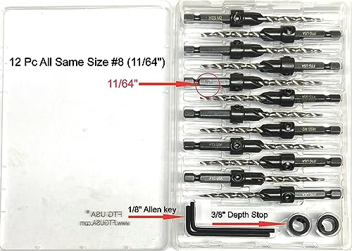 FTG USA 12 Pc #8 (11/64") Tapered Countersink Drill Bit Set with 2 Stops - size: #8, style: Same Sort 12 Pc