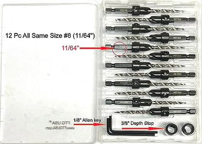 FTG USA 12 Pc #8 (11/64") Tapered Countersink Drill Bit Set with 2 Stops - size: #8, style: Same Sort 12 Pc