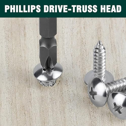#6 x 3/4" Truss Head Wood Screw, Phillips Truss Head Self Tapping Sheet Metal Tek Screw, 18-8 Stainless Steel 304, Brgiht Finish, 100 PCS - size: #6 x 3/4"