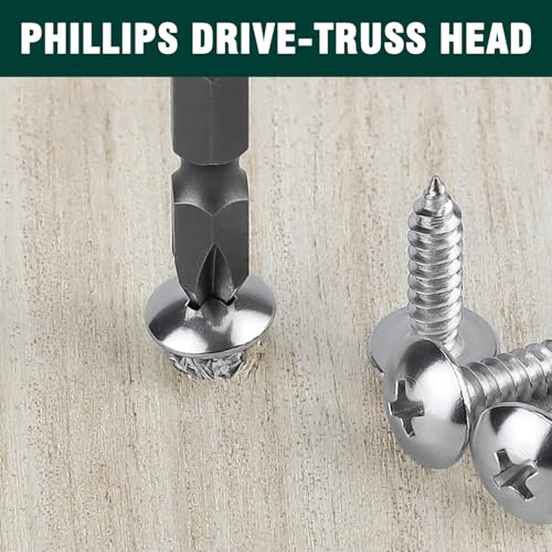 #8 x 1 Truss Head Wood Screw, Phillips Truss Head Self Tapping Sheet Metal Tek Screw, 18-8 Stainless Steel 304, Brgiht Finish, 100 PCS - size: #8 x 1"