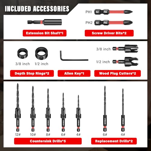 DIYSELF 15 PCS Countersink Drill Bit Set, M2 HSS Bits for Wood