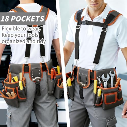 Tool Belts for Men with Magnetic Function,32''-60'' Adjustable,Detachable Tool Pouch Bag,With Suspenders & Multiple Pockets,for Electrician, Carpenter, Framer, Construction Worker
