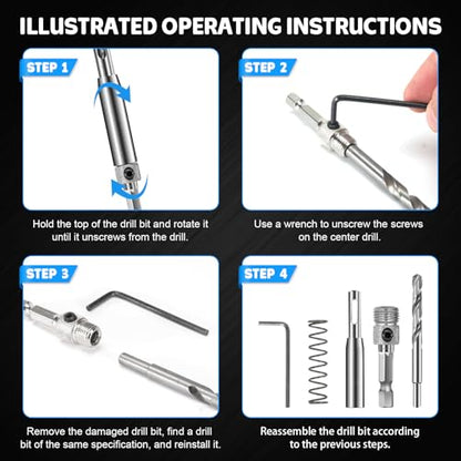 Self Centering Drill Bit Set – 3/32", 7/64", 9/64" Self Centering Drill Bit 1/4" Hex Shank VIX Bit with 1 Hex Key for #6 8 10 Screws – Perfect for Woodworking Door & Window Hinge Installation (6 PCS)