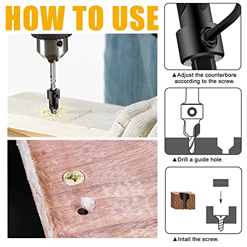 Wood Countersink Drill Bit Set, Newdeli 5Pcs Countersink Drill Bit #4、6、8、10、12, Tapered Drill Bits with 1/4" Hex Shank Quick Change and Allen Wrench, Counter Sinker Drill Bit Set for Woodworking - style: 5 Sizes Set(#4、6、8、10、12)