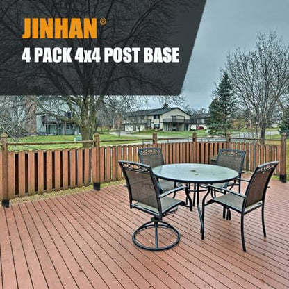 JINHAN 4x4 Wood Fence Post Base Brackets | Heavy Duty Powder-Coated 13-Gauge Steel Anchor Support, Come with Screws and Concrete Anchors (4 Pack)
