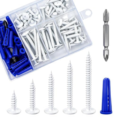 Wensilon(95 pcs)#8 White Truss Head Wood Screws Quick Metal Self Tapping Zinc Oxide with Drywall Plastic Anchors Assortment Kit - size: White Phillips Truss Head Wood Screws