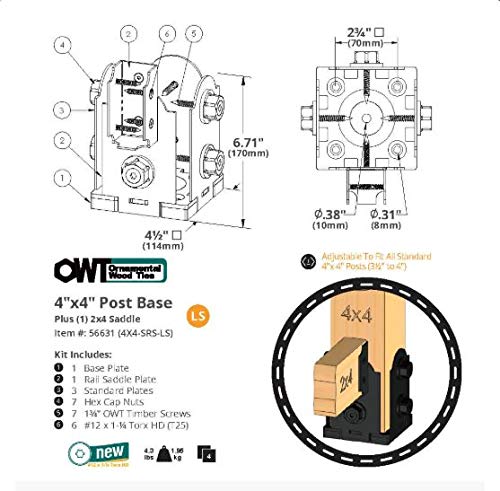 OZCO Post Base Kit with Single Rail Saddle, 4in x 4in, 1 Kit, Black