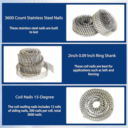 waltyotur 2 * 0.09 In Stainless Steel Siding Nails, Coil Nails 3600 Pcs - size: 2 Inch x 0.09 Inch