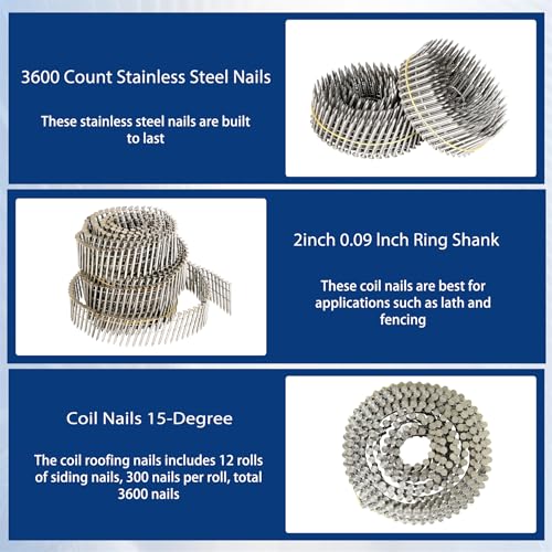 waltyotur 2 * 0.09 In Stainless Steel Siding Nails, Coil Nails 3600 Pcs - size: 2 Inch x 0.09 Inch