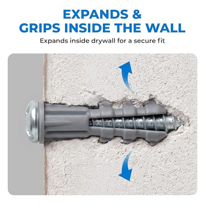 Qualihome Drywall Anchors and Screws Kit with Drill Bit – 100 Anchors & 100 Screws for Drywall, Plastic Wall Anchors for Picture Frames, Shelves, Mirrors, Ribbed Design (6-8 x 7/8") - size: 6–8 x 1” | 100 Pack + Bit