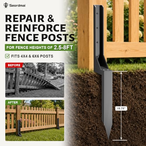 2 Pcs Fence Post Repair Kit, Thickened Heavy Duty Fence Repair Stakes for Tilted, Broken Wood Posts 4x4/6x6, Upgraded Double-Sided Welding Fence Repair Kit for Yard, Garden, Farm
