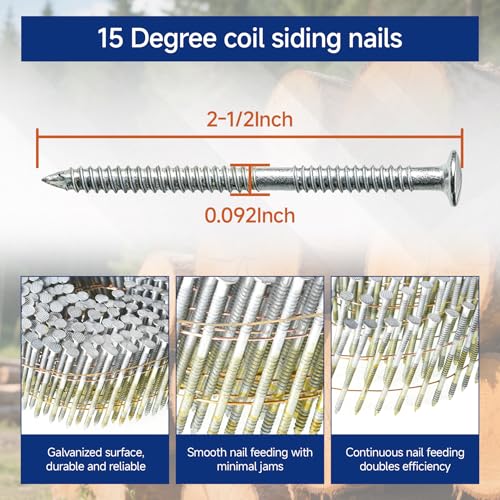 GXYWADY 3600Pcs Wire Coil Siding Nails 0.092 x 2-1/2 In Hot-Dip Galvanized Paint-Dipped Ring Shank Inclined 15 Degree Full Round Head Siding Nails of Lathing and Sheathing Materials - size: 0.092*2-1/2in