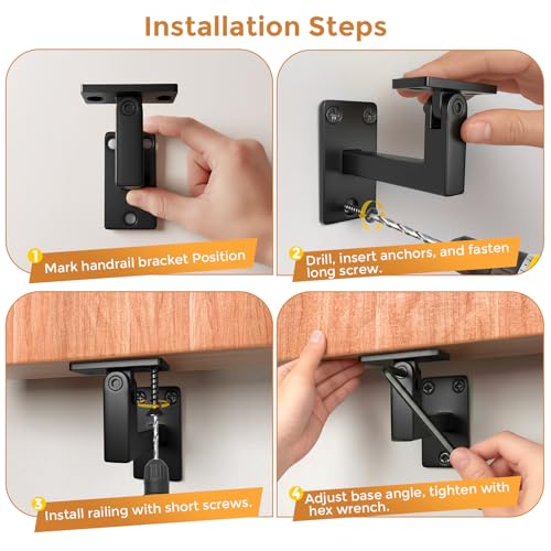 4 Pack 270°Adjustable Handrail Bracket for Stairs, Black