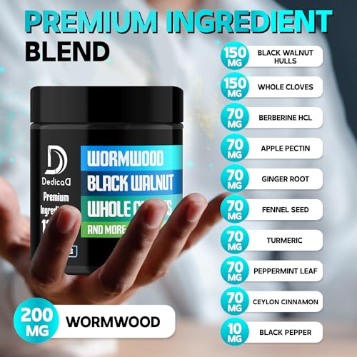 DEDICAD 11in1 Wormwood Capsules - 180 Capsules Extracted from Black Walnut, Cloves, Ginger, Turmeric, Apple, Berberine HCl & More - Support Immune System for 3 Months - size: 180 Count (Pack of 1)