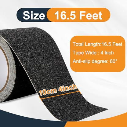 FOURGUN Heavy Duty Anti Slip Tape for Stairs Indoor/Outdoor Waterproof 4" x 16.5Ft High Traction Grit Non Skid, Strong Adhesive, Safety Friction Abrasive Tape for Steps, Ramps, Walkways, Black 80 Grit