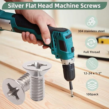 100 Pack 12-24 x 1/2" Silver Flat Head Machine Screws, Full Thread - color: Silver