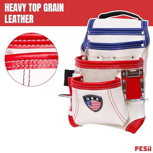 FESA Leather Carpenter Tool Pouch - 10-Pocket Heavy Top Grain Leather Carpenter Pouch with 2 Hammer Loops, Large & Small Pockets - Fits Work Belts up to 3" - Handcrafted - Country-Themed - color: White - USA
