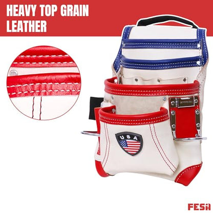 FESA Leather Carpenter Tool Pouch - 10-Pocket Heavy Top Grain Leather Carpenter Pouch with 2 Hammer Loops, Large & Small Pockets - Fits Work Belts up to 3" - Handcrafted - Country-Themed - color: White - USA