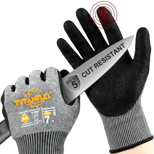TitanFlex Work Gloves, ANSI A5 Cut Resistant Gloves, Sandy Nitrile Grip - size: Small
