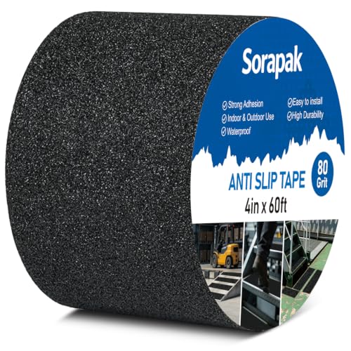 4" x 60 Ft Black Anti Slip Tape, 80 Grit Non Skid Grip for Stairs - size: 4'' x 60FT