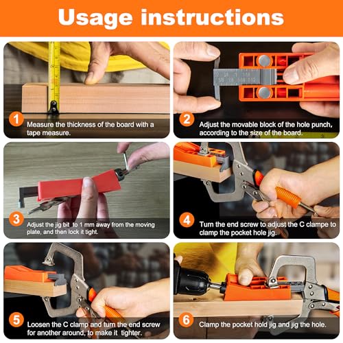Pocket Hole Jig System Kit, Pocket Screw Jig with 11 Inch Clamp, Square Driver Bit, Hex Wrench, Depth Stop Collar, Step Drill Bit, Coarse Square Driver Screws, All In One for Joinery Work