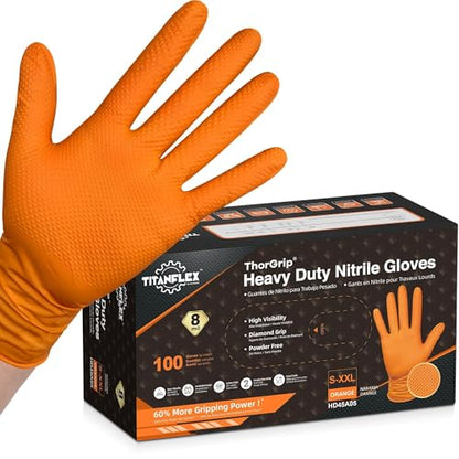 TitanFlex Heavy Duty Industrial Orange Nitrile Gloves, 8-mil, Gloves Disposable Latex Free with Raised Diamond Texture Grip, Powder Free, Rubber Glove, Mechanic Gloves,100-ct Box (Large) - color: 02 8mil (100ct), size: Large