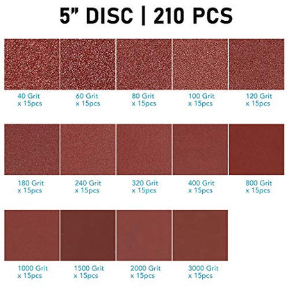 210 Pack 5 Inch 8 Hole Sanding Discs, 40-3000 Grit Sandpaper - style: 210PCS(40-3000 Grit)