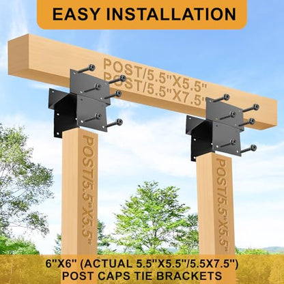 2 Pack 6"x6" (Actual 5.5"x5.5") Post Caps Tie Bracket, Stainless Steel Wood Beam Support Bracket Heavy Duty Galvanized Steels Pergola Connector Brackets for Ggazebos, Patio Decks, and Porches - size: 6"x6"(Actual 5.5"x5.5")