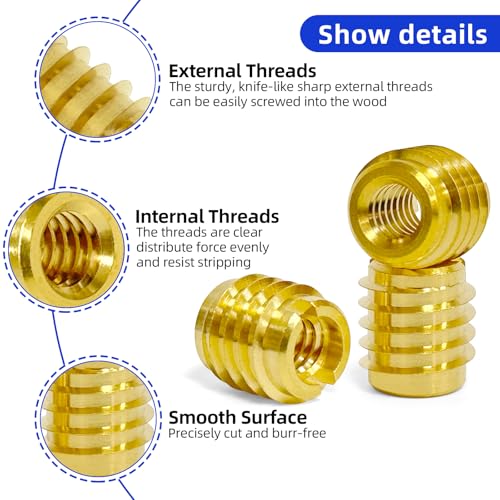 1/4"-20 Threaded Insert for Hard-Wood, Brass Knife Thread Inserts, 1/4"-20 Internal Threads, 0.5" Length, Pack of 25