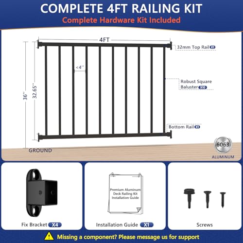 36 in H x 4 ft W Modular Real Aluminum Deck Railing Kit, 1 Panel - color: 4ft Level -- 1Pack