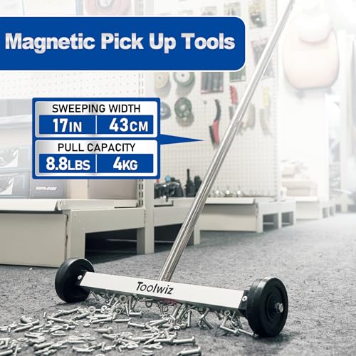 Toolwiz Magnetic Pick Up Sweeper 17-inch Heavy Duty Magnet Pickup Lawn Sweeper Roofing Tools, 8.8 Lbs Yard Tools with Smooth Wheels to Clean Nails for Construction (Pack of 4) - size: 17 Inches (Pack of 4)