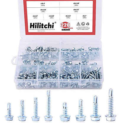 Hilitchi 220-Pieces Zinc Plated Hex Washer Head Self Drilling Sheet Metal Tek Screws Assortment Kit - style: Hex Washer Head