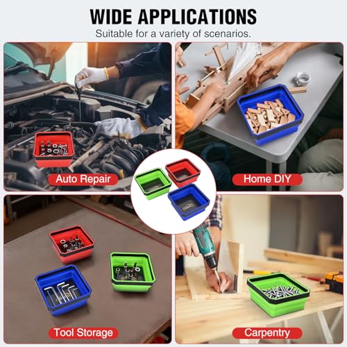 GOOACC 3Pcs Square Collapsible Magnetic Parts Tray Set Red Blue Green - color: Red/Blue/Green