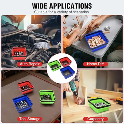 GOOACC 3Pcs Square Collapsible Magnetic Parts Tray Set Red Blue Green - color: Red/Blue/Green