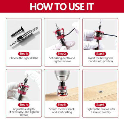Countersink Drill Bit Set, 4PCS HSS Cutters and Depth Stop for Wood