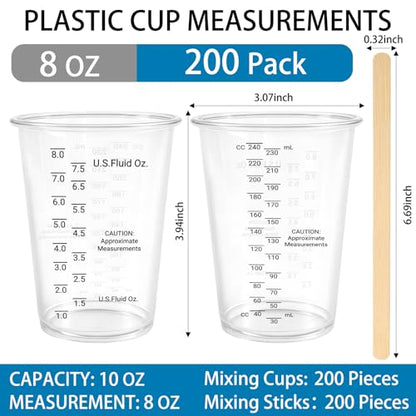 200 PACK Plastic Measuring Cups 8 oz, Disposable Mixing Cups with 200 Pieces Mixing Sticks, Graduated Liquid Measuring Cups for Epoxy Resin, Paint, Mixing, Art DIY