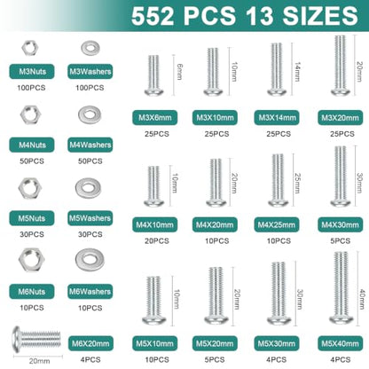 552 Pcs Metric Screws Nuts and Bolts Assortment Kit, M3 M4 M5 M6 Set Screws