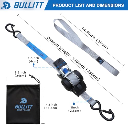 2‑PCS Retractable Ratchet Straps 1"x11.5ft, 1540‑lbs(MAX) Safety‑Lock Hooks