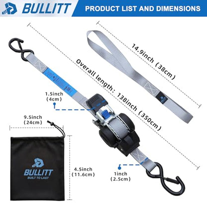 2‑PCS Retractable Ratchet Straps 1"x11.5ft, 1540‑lbs(MAX) Safety‑Lock Hooks
