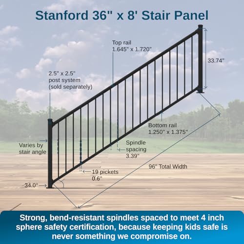 Weatherables 36 in. H x 8 ft. W Stanford Stair Railing Kit – Aluminum Porch & Deck Railing Kit with Black Powder-Coated Finish, Adjustable Outdoor Hand Rail Kit - size: 36 in. Height, style: 8 ft. Stair