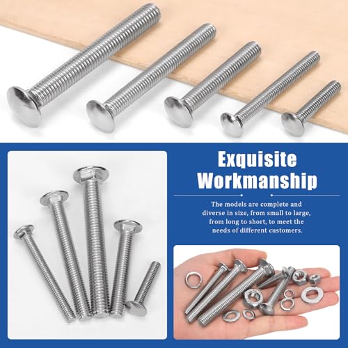 Glarks 80pcs M6 M8 M10 Carriage Bolts Screws, Round Head Square Neck Bolts, Square Neck Carriage Bolts Screws with Nuts and Washers for Machinery Industry - color: Silver